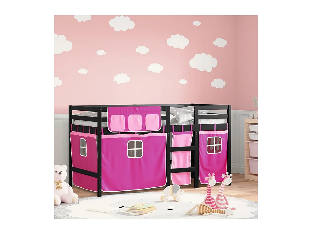 Lit simlpe-Lit mezzanine enfants avec rideaux sans matelas rose 90x200cm