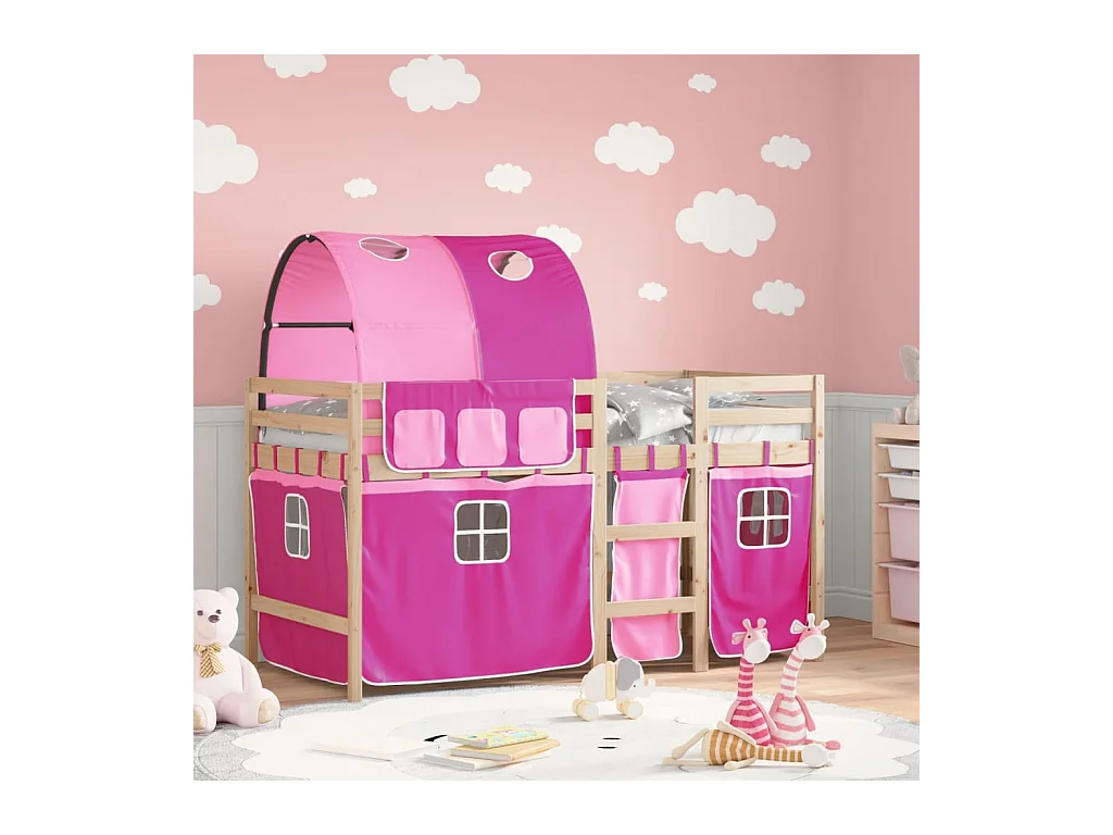 Lit simlpe-Lit mezzanine enfants avec tunnel sans matelas rose 90x200 cm