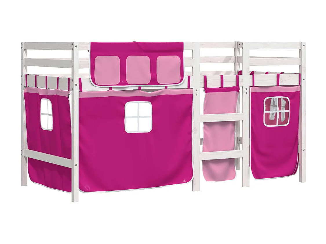Lit simple-Lit mezzanine enfant avec rideaux sans matelas rose 90x190 cm