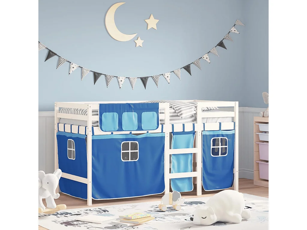 Lit simple-Lit mezzanine enfant avec rideaux sans matelas bleu 90x190 cm