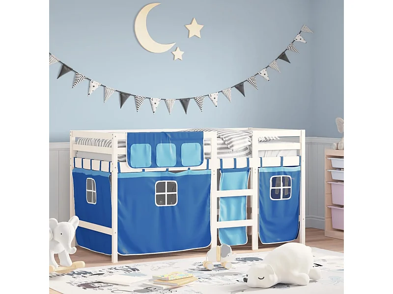 Lit simple-Lit mezzanine enfant avec rideaux sans matelas bleu 90x190 cm
