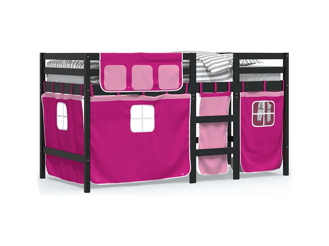Lit simple-Lit mezzanine enfant avec rideaux sans matelas rose 80x200cm