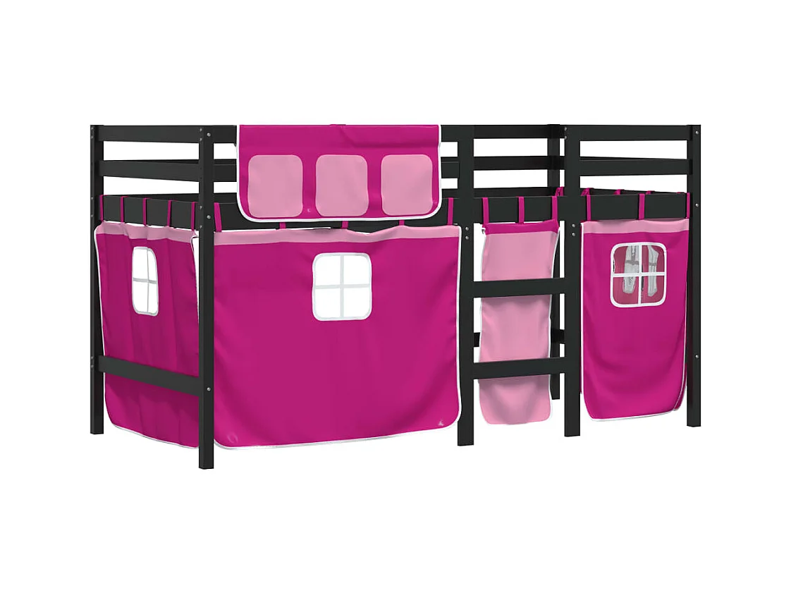Lit simple-Lit mezzanine enfant avec rideaux sans matelas rose 80x200cm