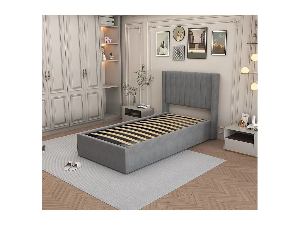 LIT COFFRE CAMILLE en velours GRIS 90X190CM