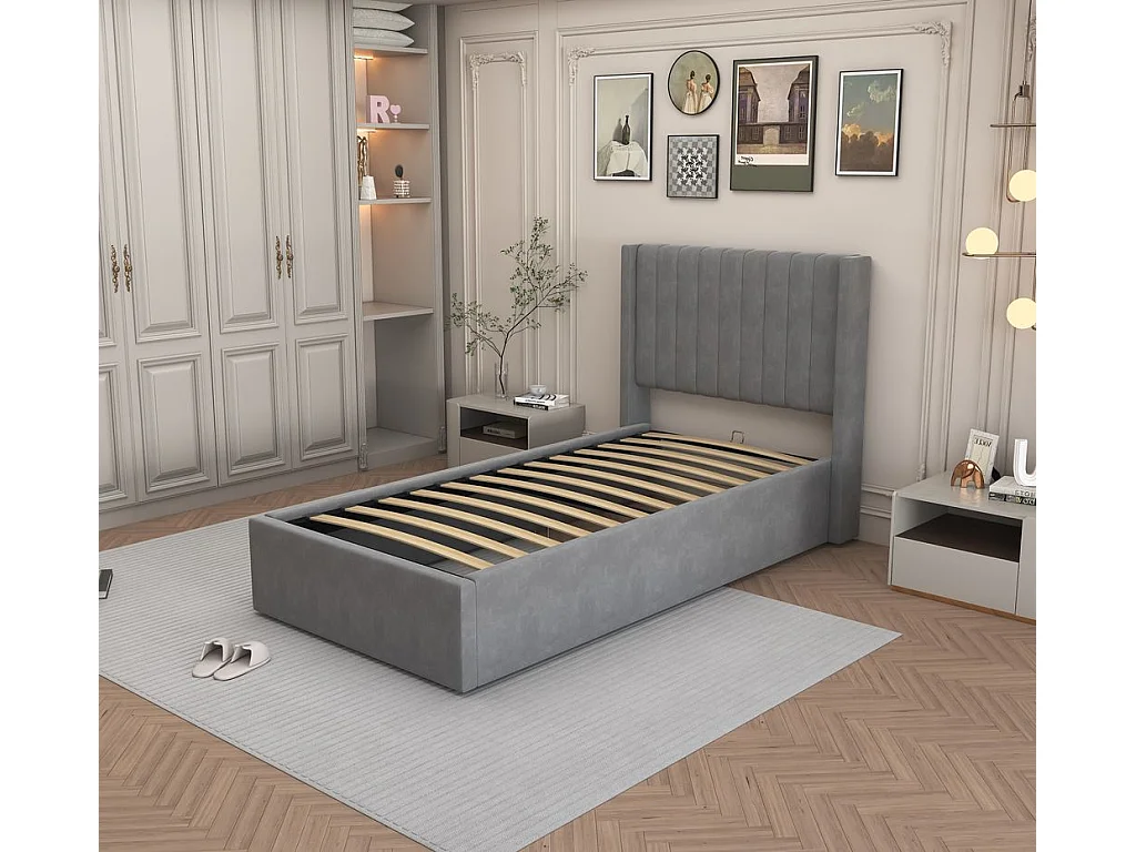 LIT COFFRE CAMILLE en velours GRIS 90X190CM