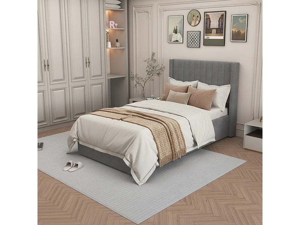Lit coffre 90x190 velours gris sommier inclus - CAMILLE