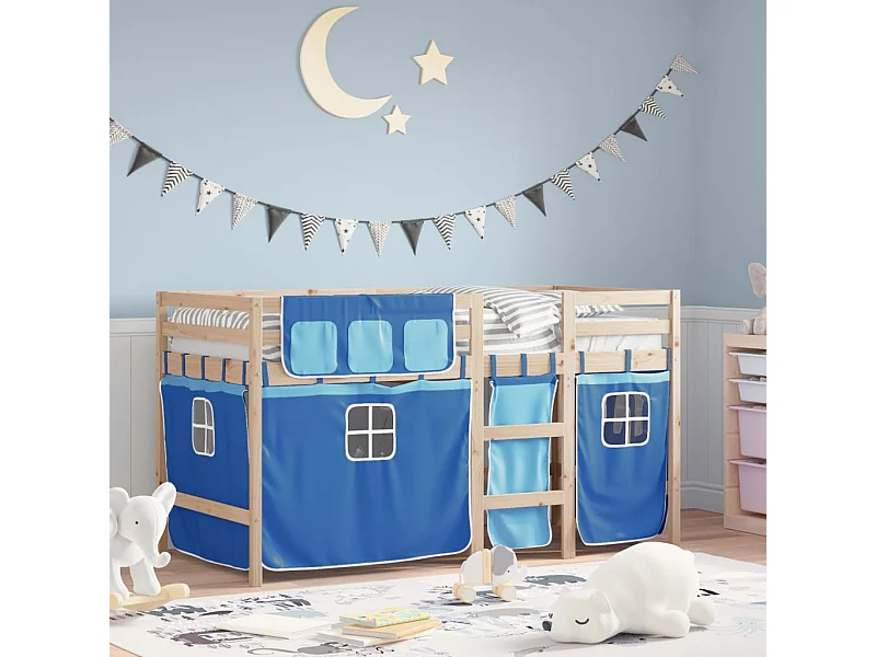 Lit simple-Lit mezzanine enfant avec rideaux sans matelas bleu 90x190 cm