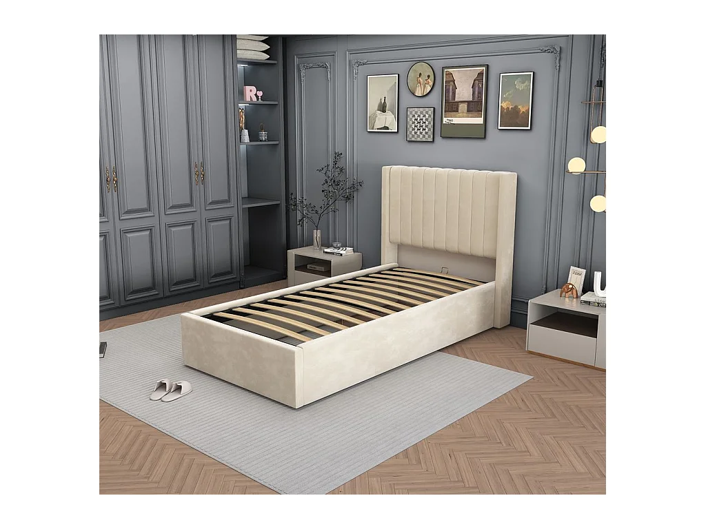 LIT COFFRE CAMILLE en velours BEIGE 90X190CM