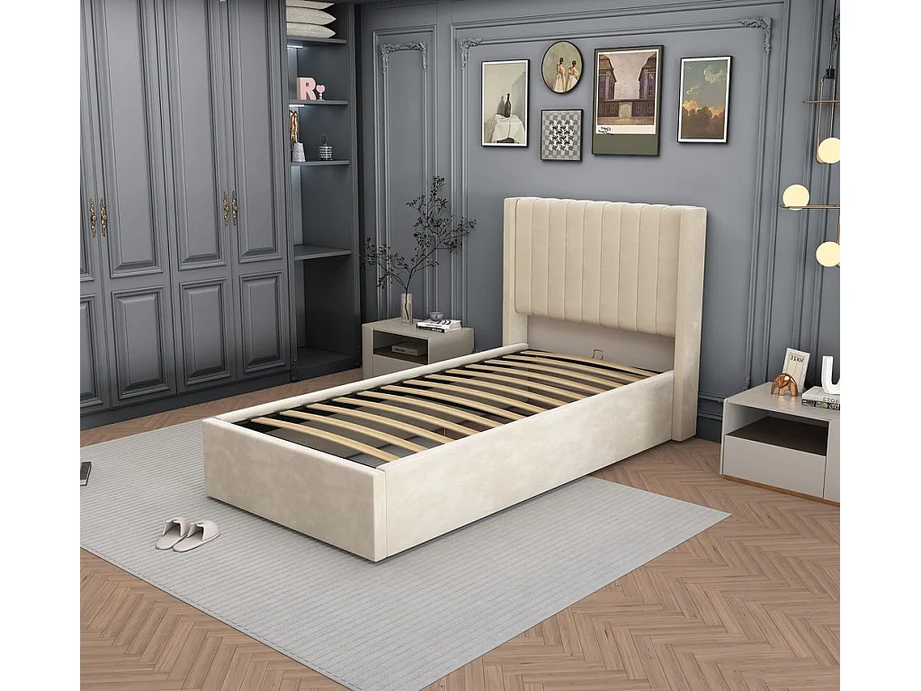 LIT COFFRE CAMILLE en velours BEIGE 90X190CM