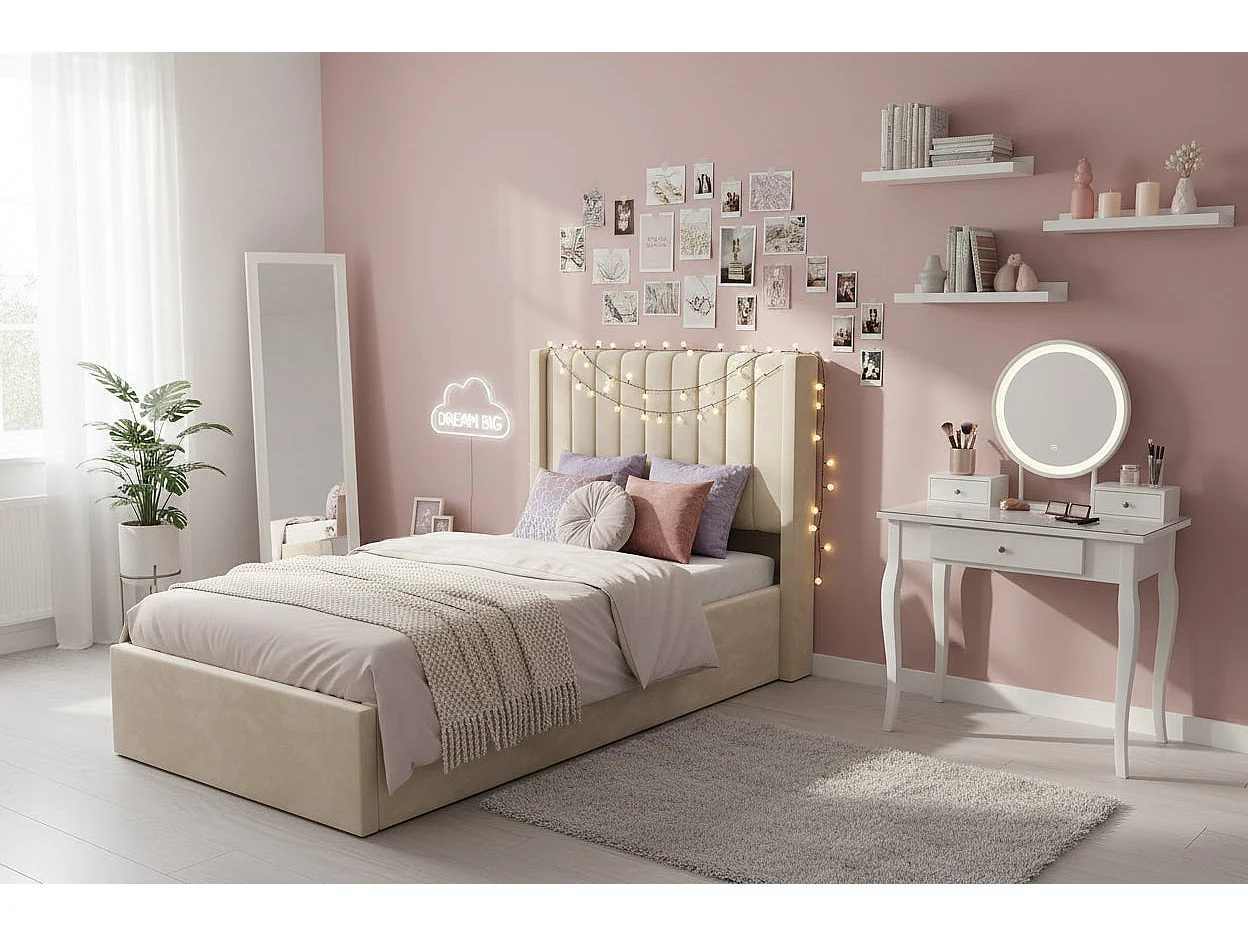 Lit coffre velours beige sommier relevable 90x190 cm CAMILLE