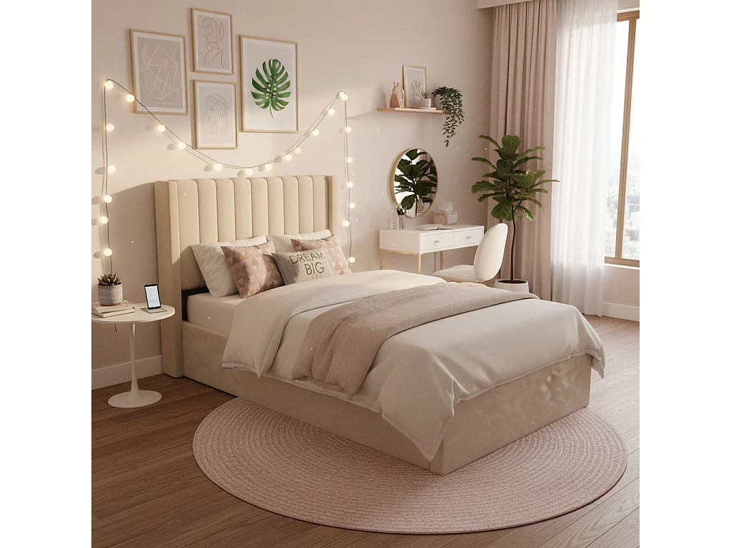 Lit coffre velours beige sommier relevable 90x190 cm CAMILLE