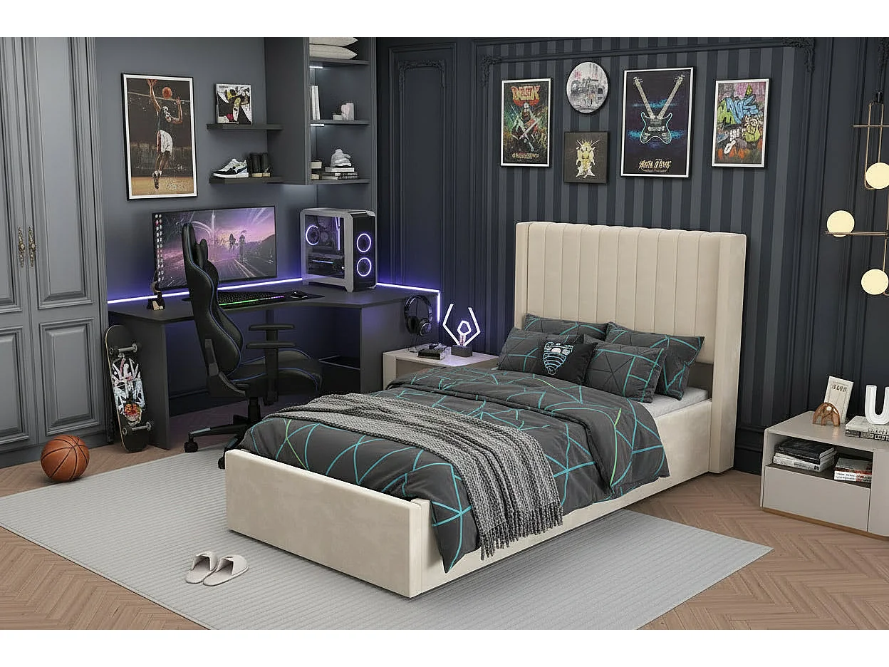 Lit coffre velours beige sommier relevable 90x190 cm CAMILLE