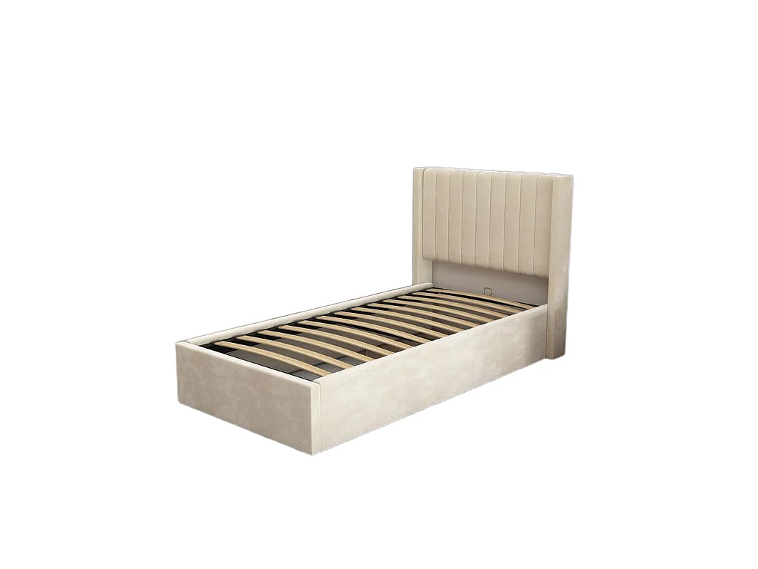 Lit coffre velours beige sommier relevable 90x190 cm CAMILLE
