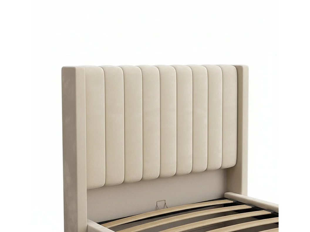 Lit coffre velours beige sommier relevable 90x190 cm CAMILLE