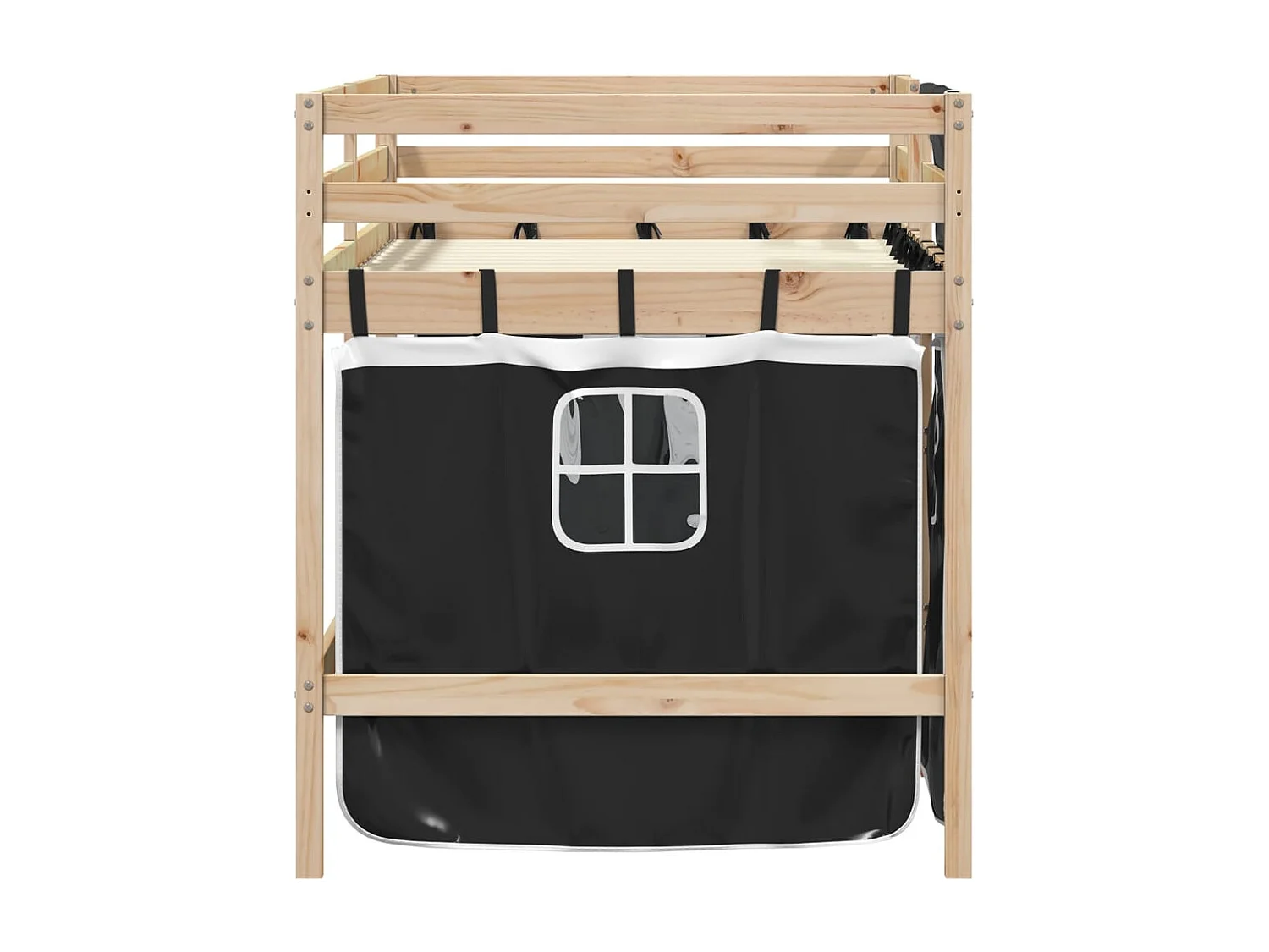 Einzelbett | Bettgestell | Kinderhochbett mit Vorhängen Weiß Schwarz 90x200 cm Kiefernholz SHL105375