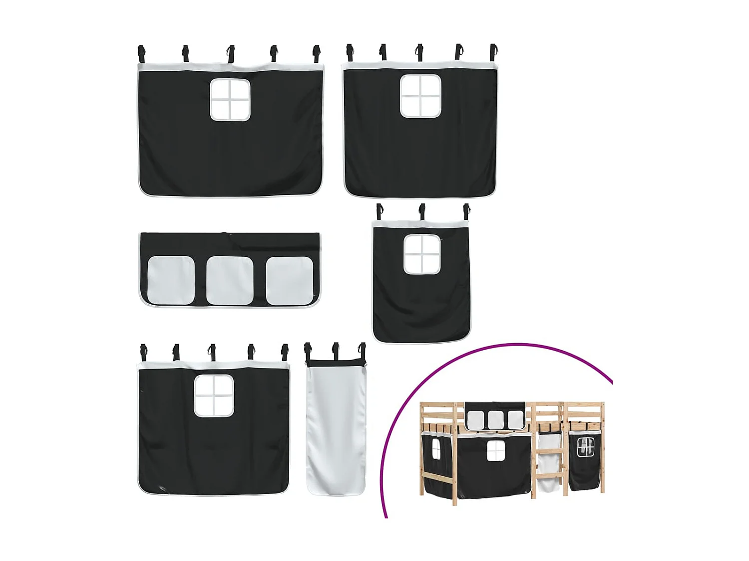 Einzelbett | Bettgestell | Kinderhochbett mit Vorhängen Weiß Schwarz 90x200 cm Kiefernholz SHL105375