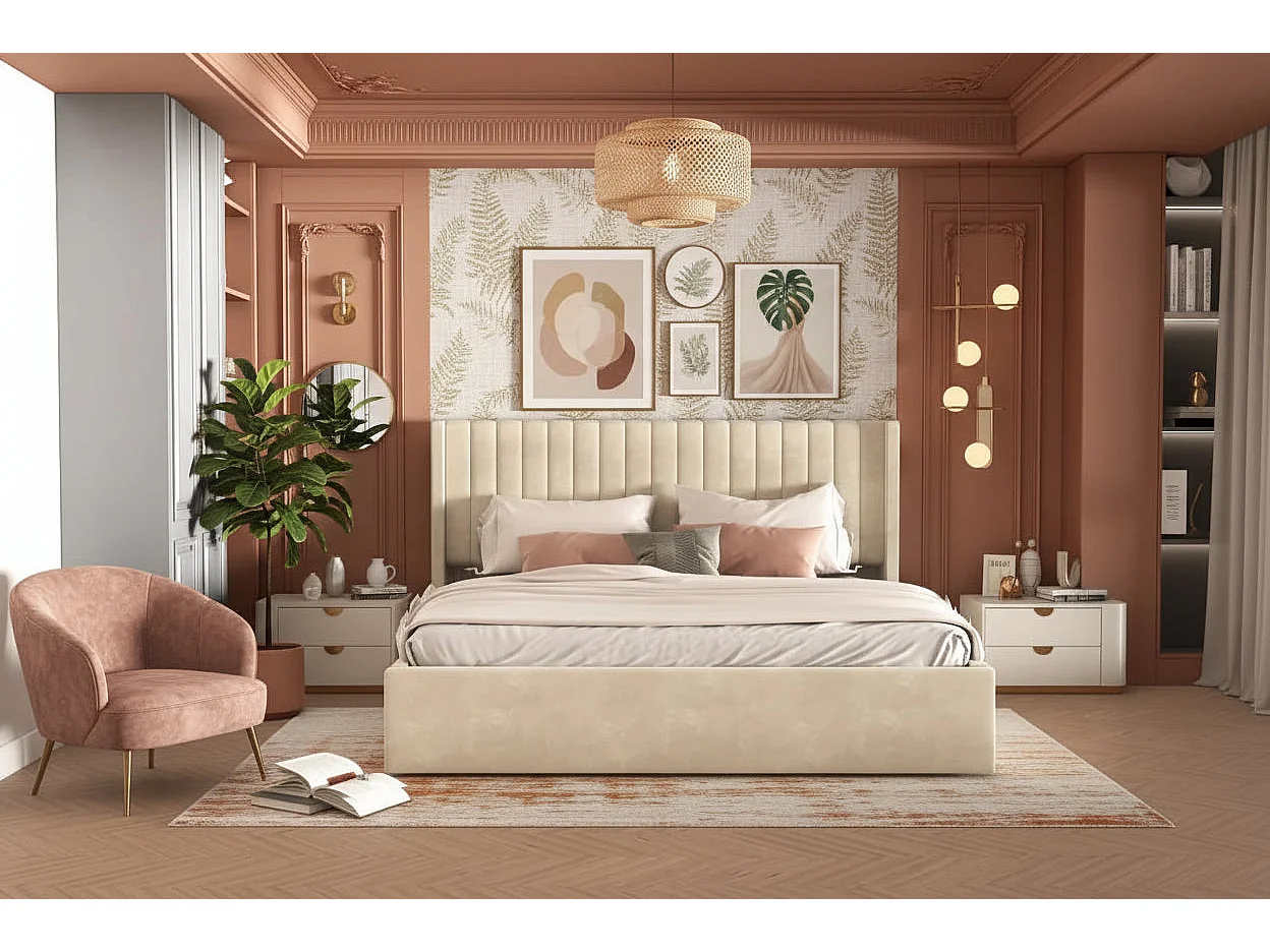 Lit coffre velours beige sommier inclus 160x200 cm CAMILLE