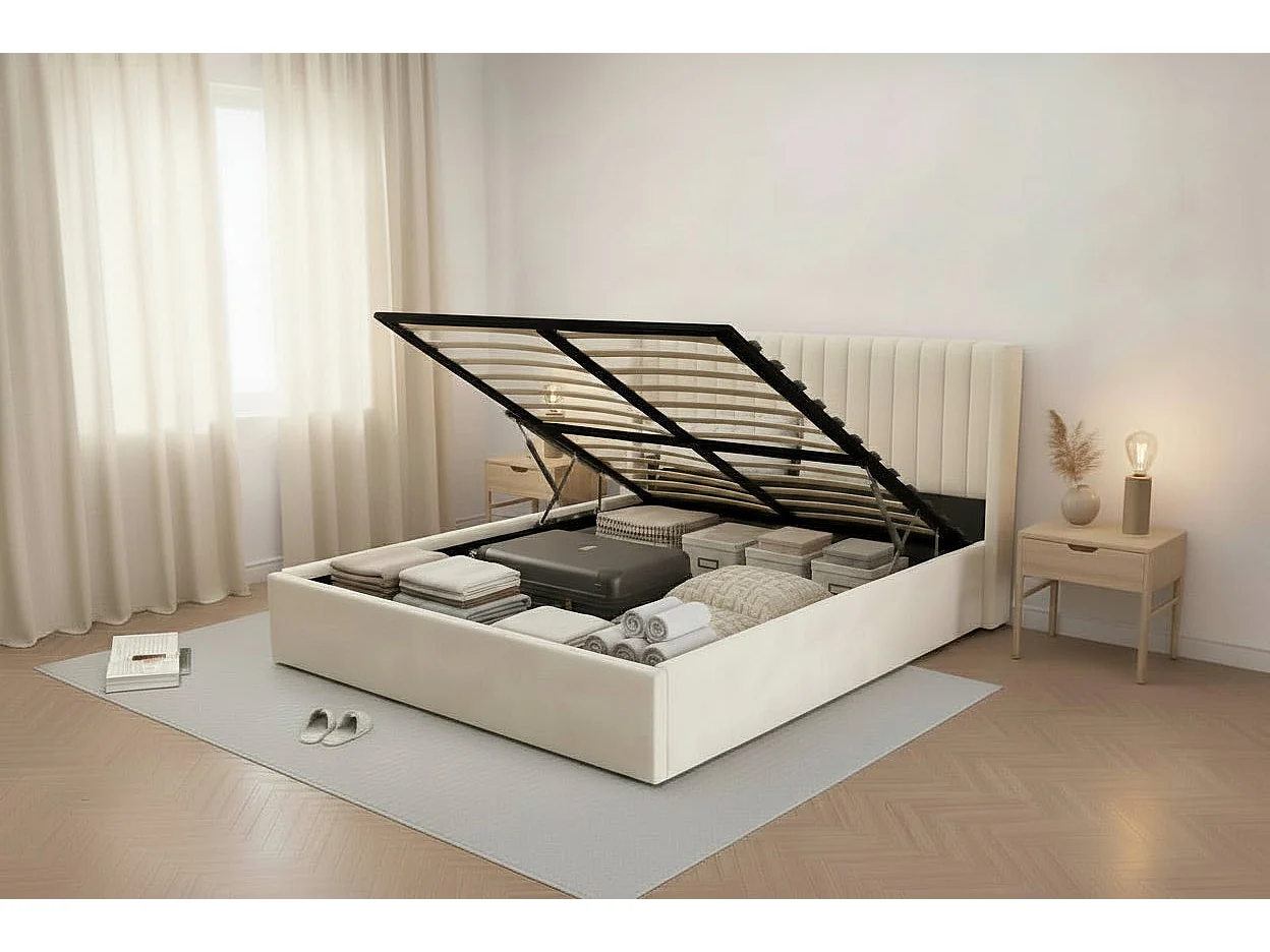 Lit coffre 160x200 – Velours Beige | Sommier Inclus