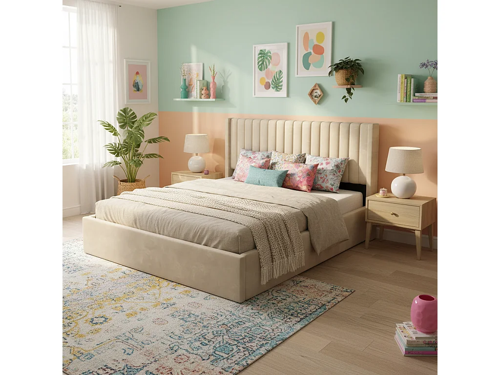 Lit coffre velours beige sommier inclus 160x200 cm CAMILLE