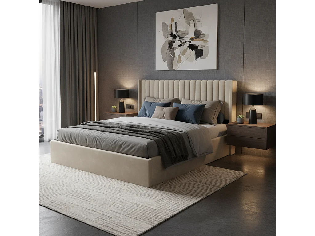 Lit coffre velours beige sommier inclus 160x200 cm CAMILLE