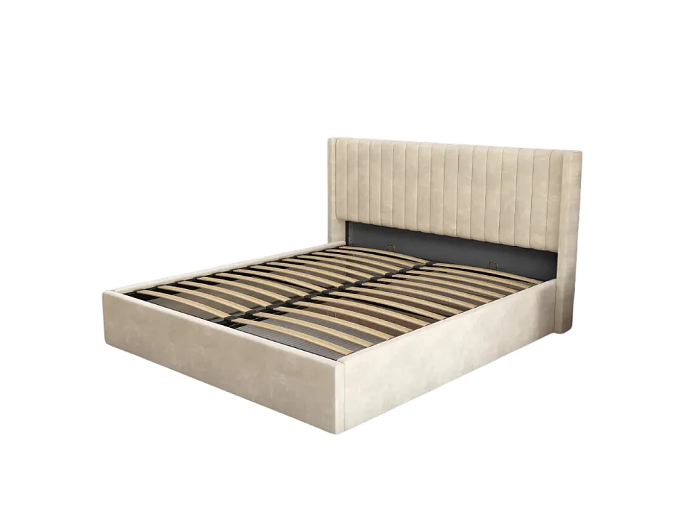 Lit coffre 160x200 – Velours Beige | Sommier Inclus