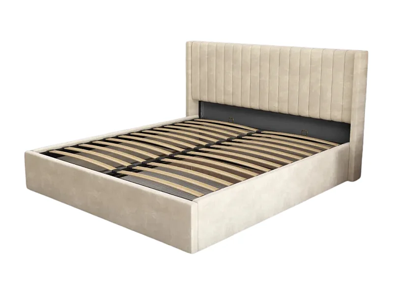 Lit coffre velours beige sommier inclus 160x200 cm CAMILLE