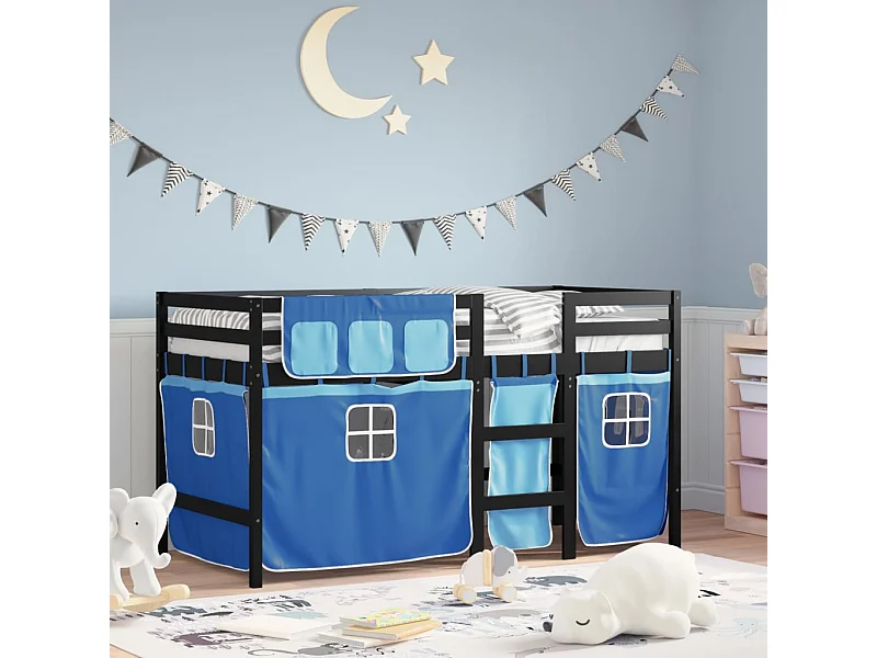Lit simple-Lit mezzanine enfant avec rideaux sans matelas bleu 80x200cm