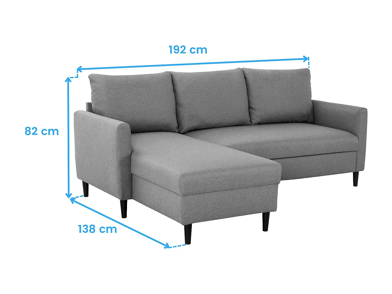 Sofá chaise longue Capri salón reversible 3 plazas gris 192x82x138 cm