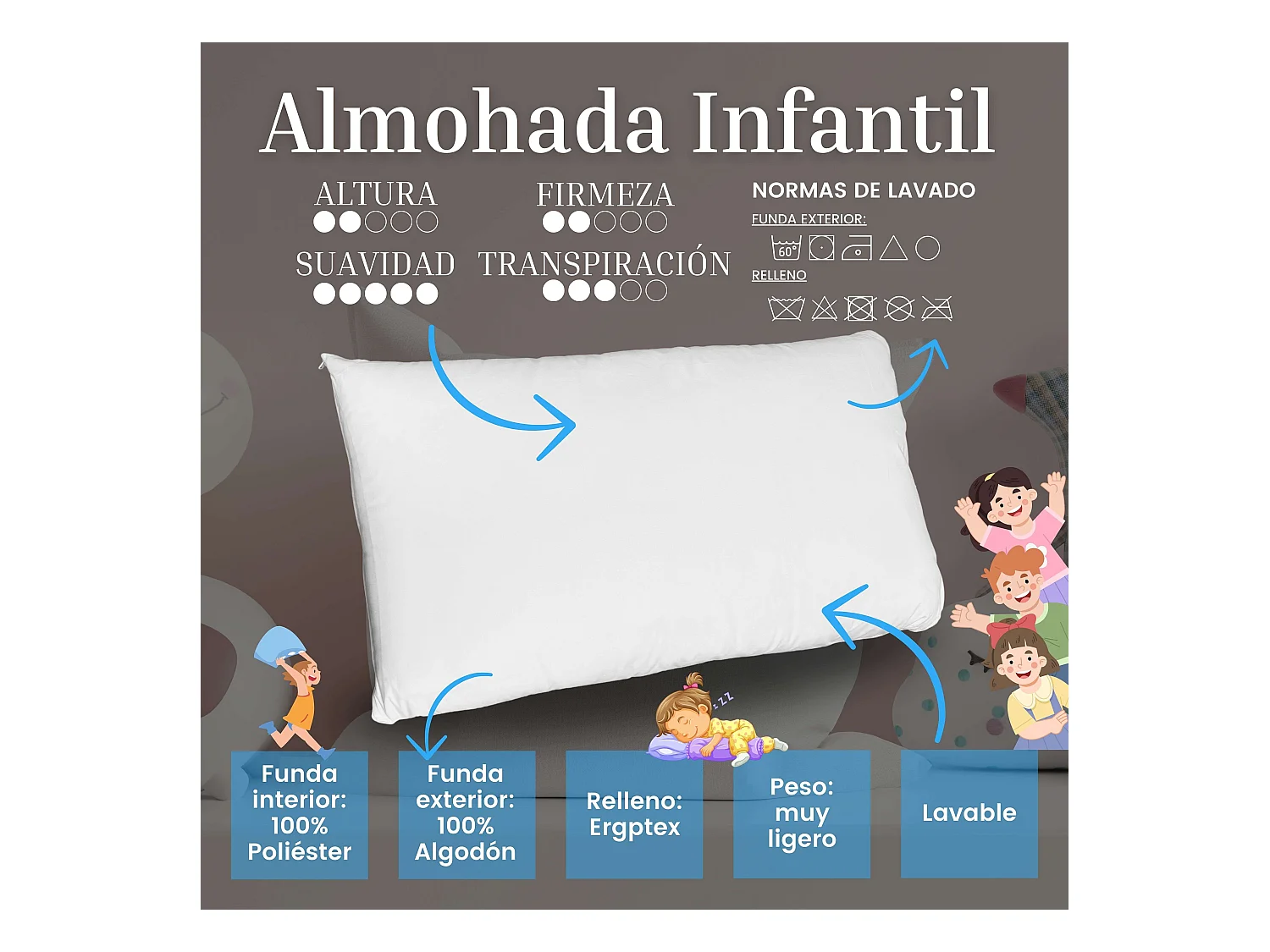 Petit oreiller Moshy 70cm avec housse double 100% coton et microfibre polyester