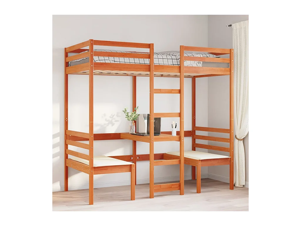 Lit mezzanine avec bureau et chaises brun cire 75x190 cm pin