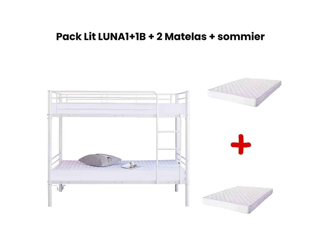 Pack : Lit superposé + Matelas compris Séparable métal LUNA 1+1 90x190 cm sommier inclus blanc