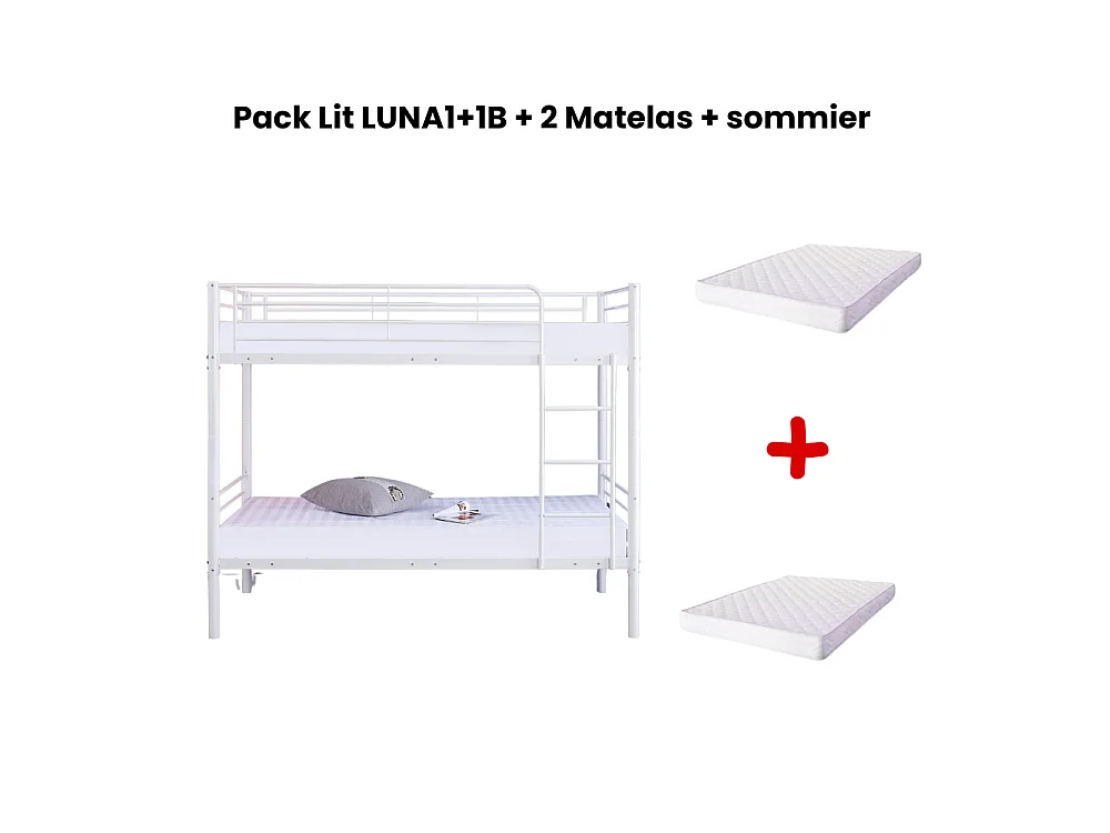 Pack Lit superposé séparable métal 2 couchages 90x190 cm blanc + 2 matelas LUNA