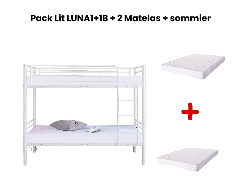 Pack : Lit superposé + Matelas compris Séparable métal LUNA 1+1 90x190 cm sommier inclus blanc