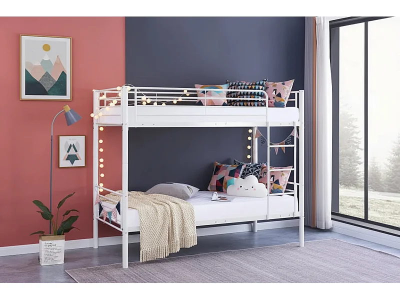 Pack Lit superposé séparable métal 2 couchages 90x190 cm blanc + 2 matelas LUNA