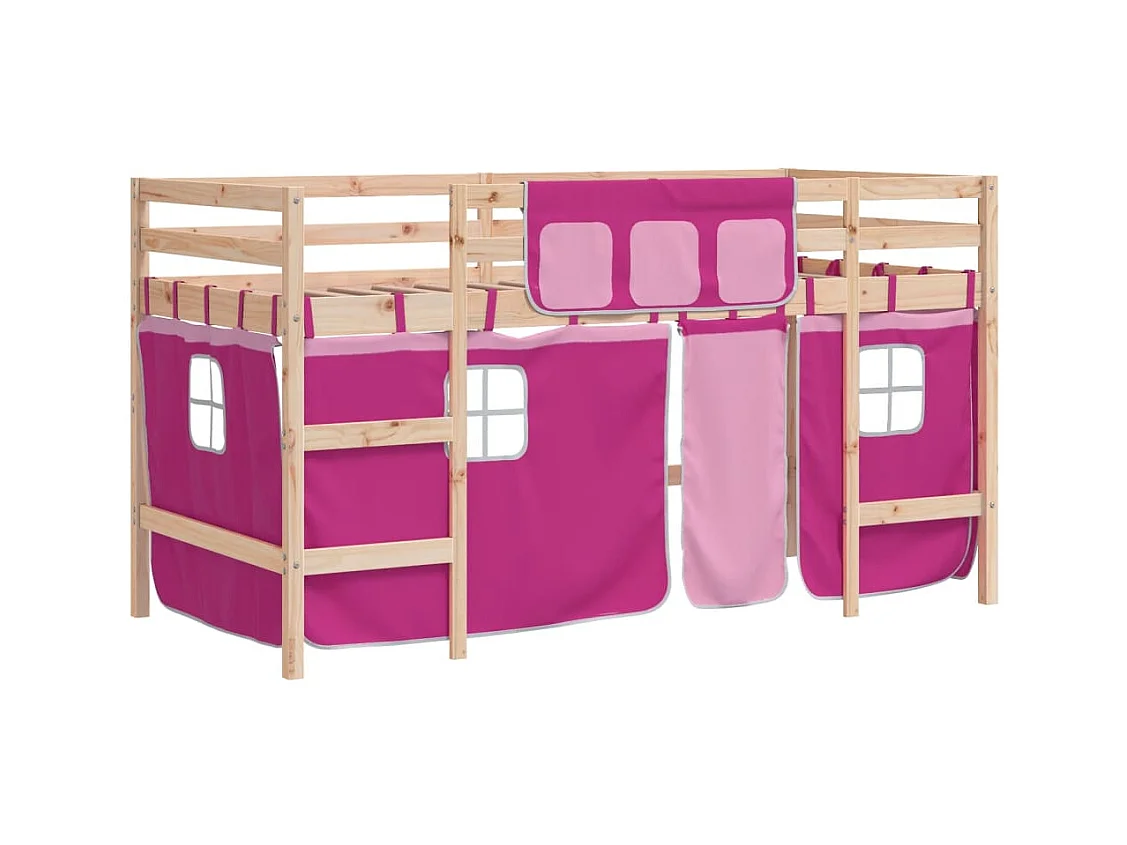 Lit simlpe-Lit mezzanine enfants avec rideaux sans matelas rose 90x200cm