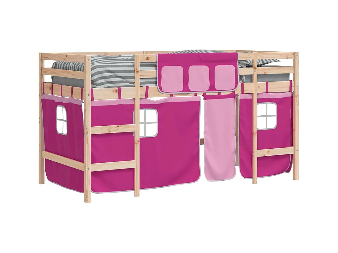 Lit simlpe-Lit mezzanine enfants avec rideaux sans matelas rose 90x200cm