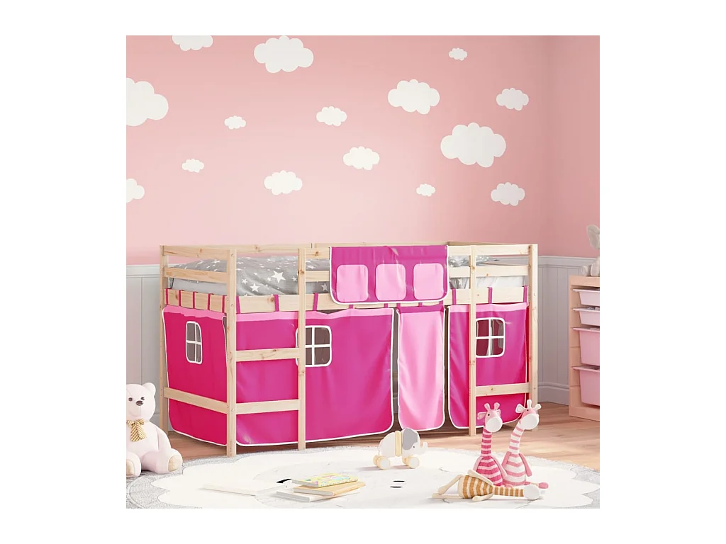 Lit simlpe-Lit mezzanine enfants avec rideaux sans matelas rose 90x200cm