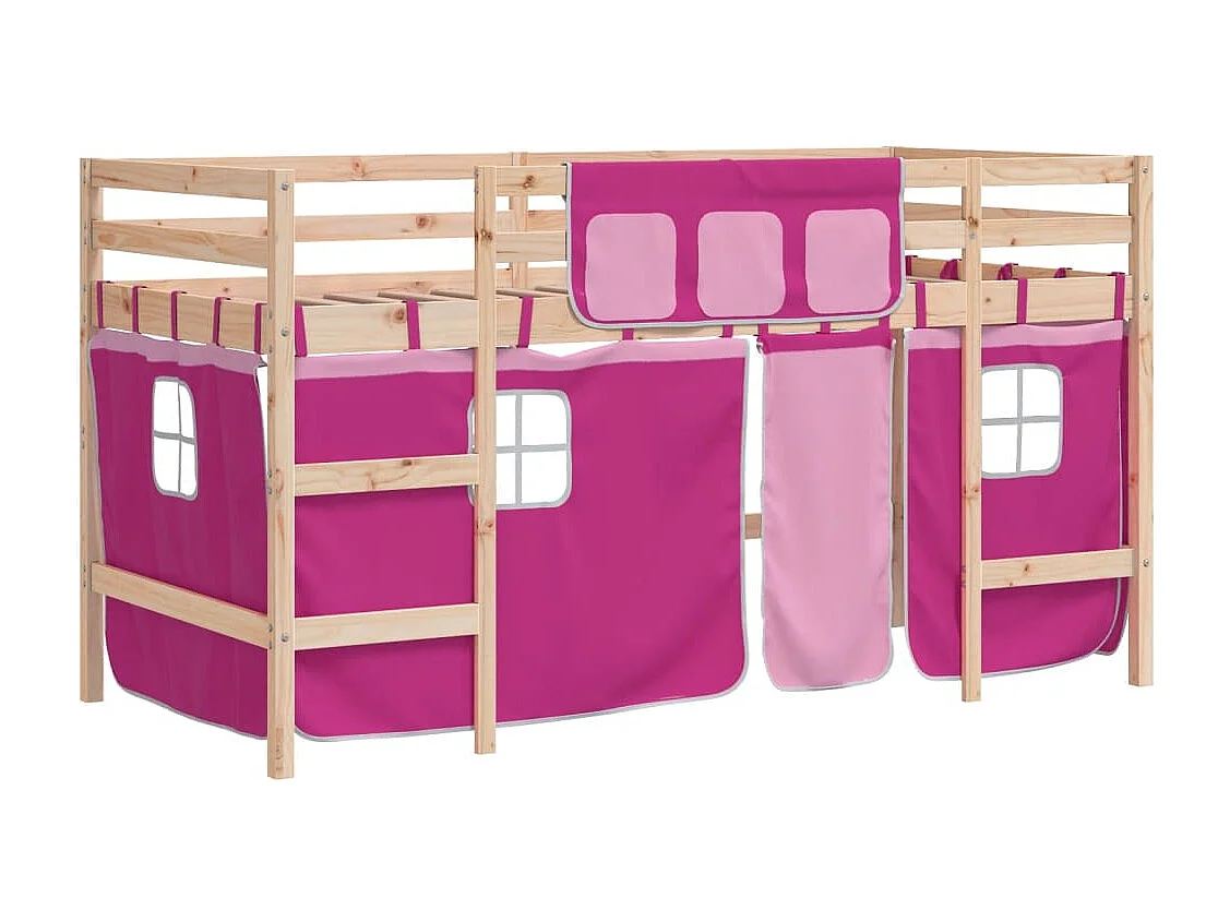 Einzelbett | Bettgestell | Kinderhochbett mit Vorhängen Rosa 90x200 cm Massivholz Kiefer SHL761207