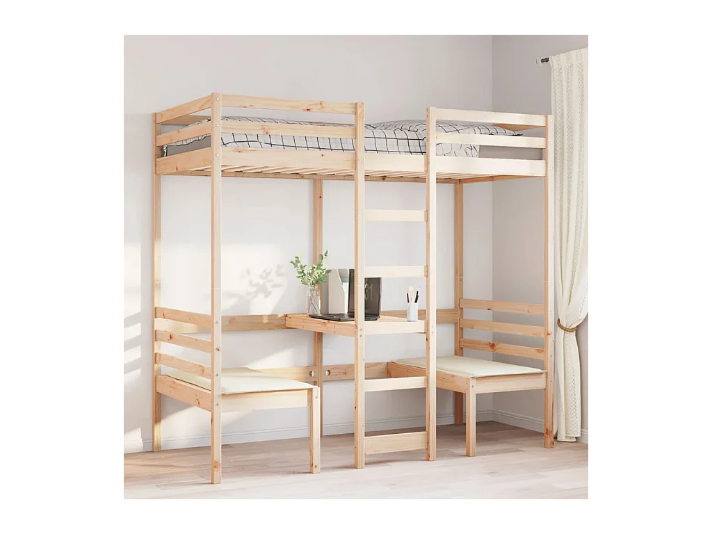 Lit mezzanine avec bureau et chaises 75x190 cm pin massif