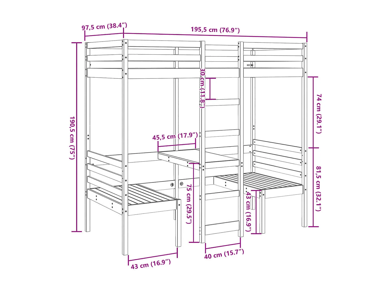 Cama alta com secretária e cadeiras 90x190cm pinho maciço SHL639840