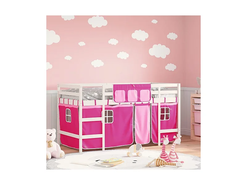 Lit simple-Lit mezzanine enfant avec rideaux sans matelas rose 90x190 cm