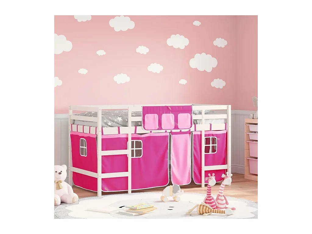 Lit simple-Lit mezzanine enfant avec rideaux sans matelas rose 90x190 cm
