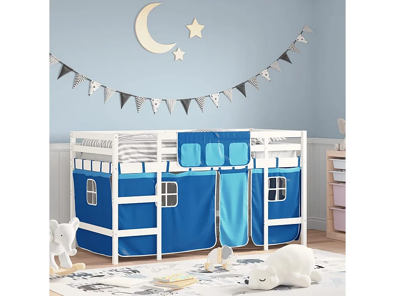 Lit simple-Lit mezzanine enfant avec rideaux sans matelas bleu 90x190 cm