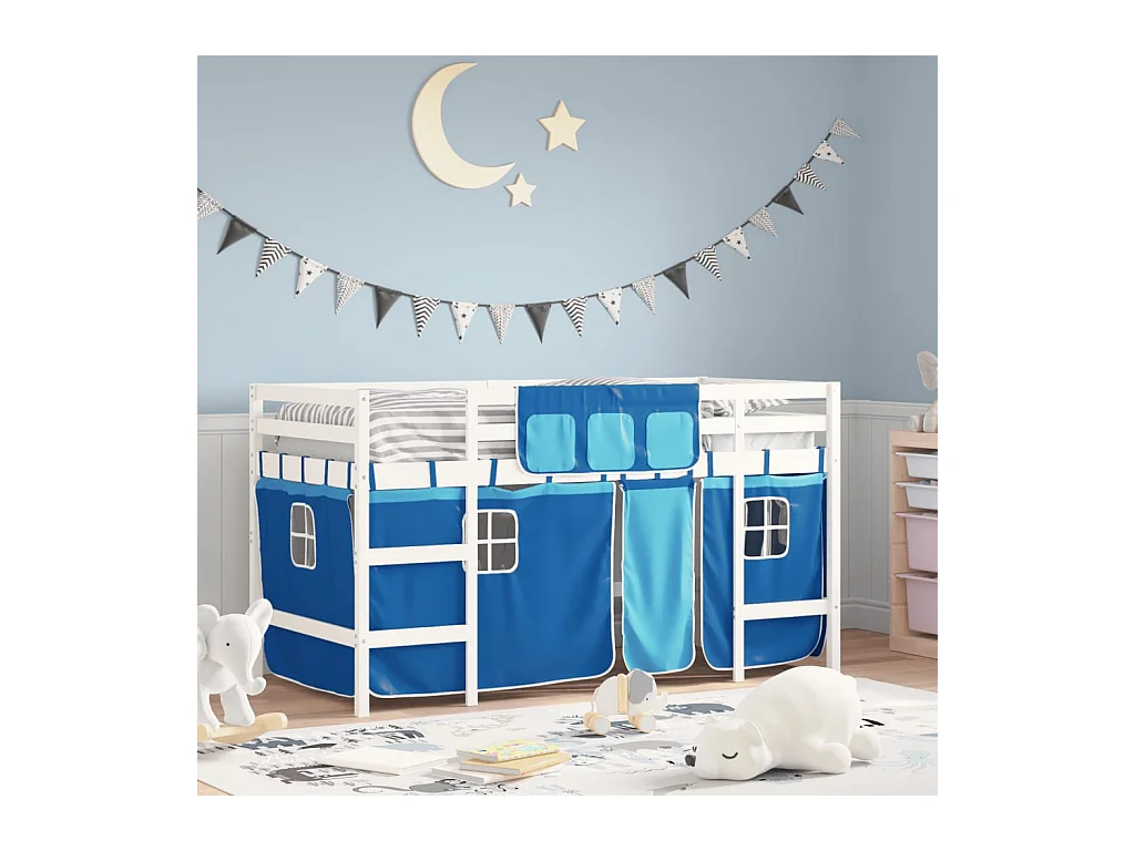 Lit simple-Lit mezzanine enfant avec rideaux sans matelas bleu 90x190 cm