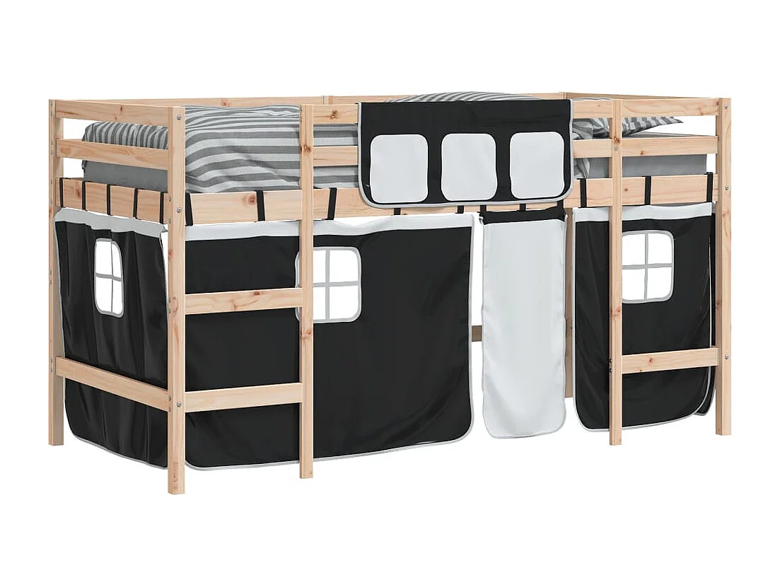 Einzelbett | Bettgestell | Kinderhochbett mit Vorhängen Weiß Schwarz 90x200cm Kiefernholz SHL878281