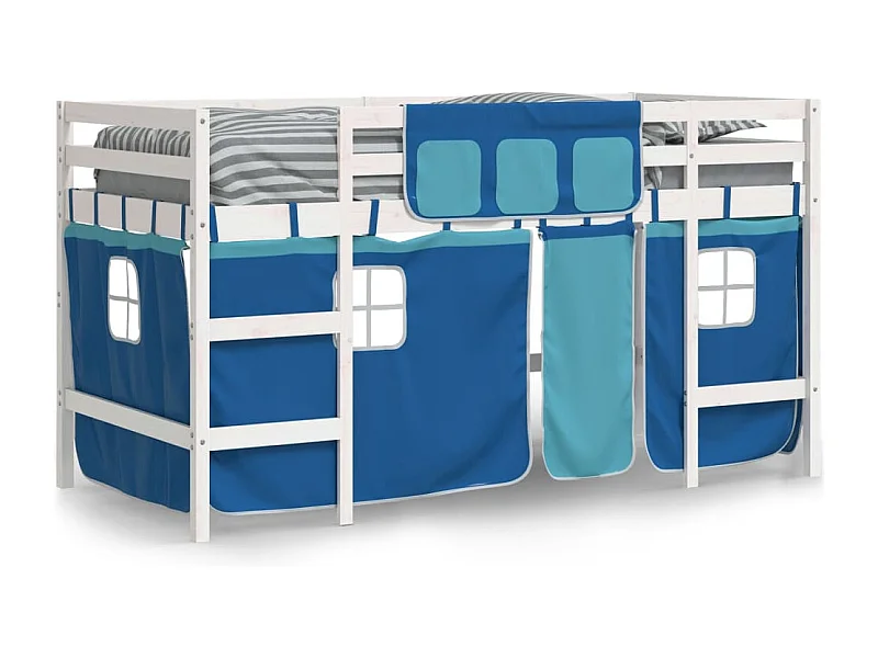 Lit simple-Lit mezzanine enfant avec rideaux sans matelas bleu 80x200cm