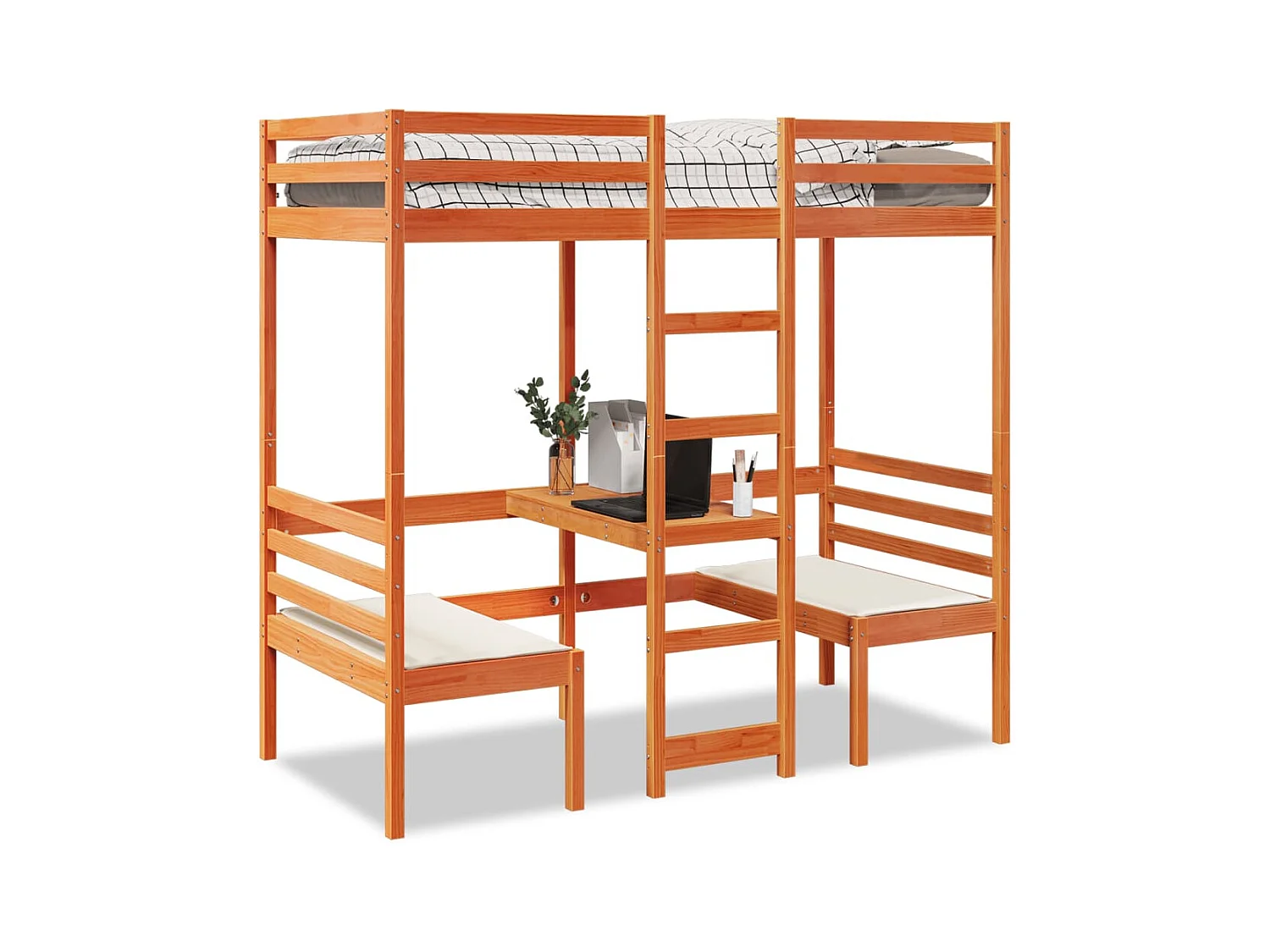 Lit mezzanine avec bureau et chaises brun cire 90x190 cm pin