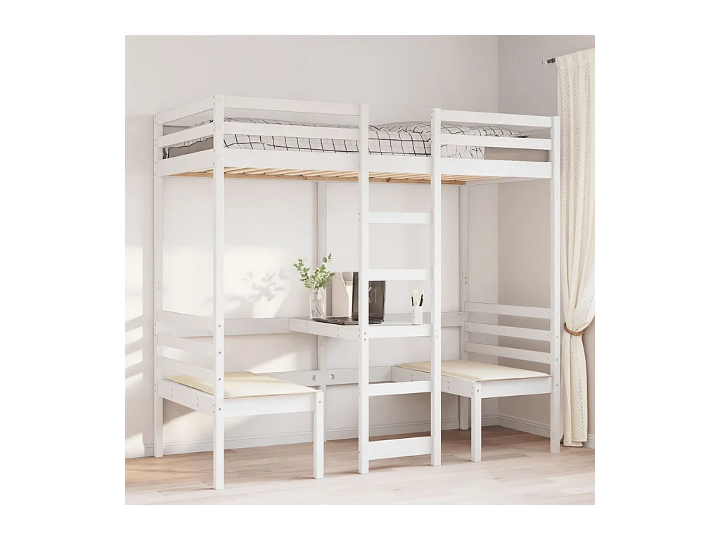 Lit mezzanine avec bureau et chaises blanc 75x190 cm pin massif