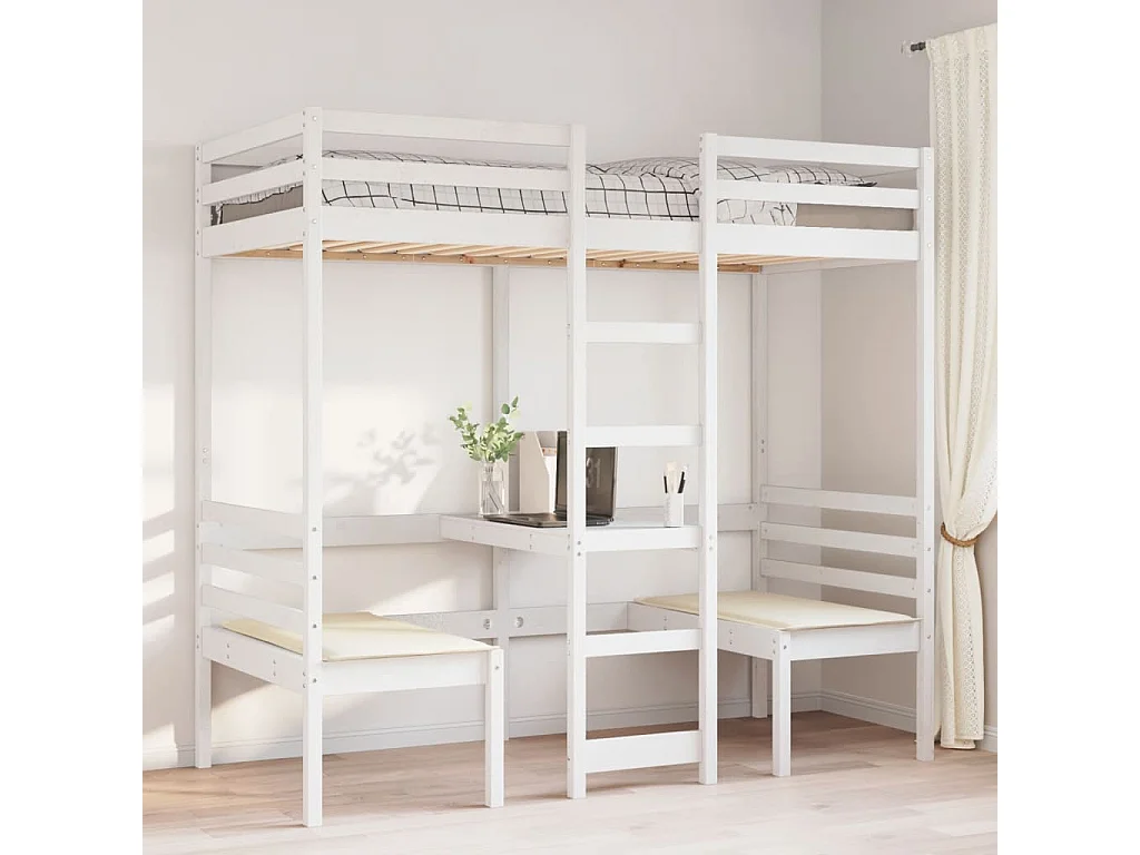 Cama alta c/ secretária/cadeiras 80x200cm pinho maciço branco SHL675967