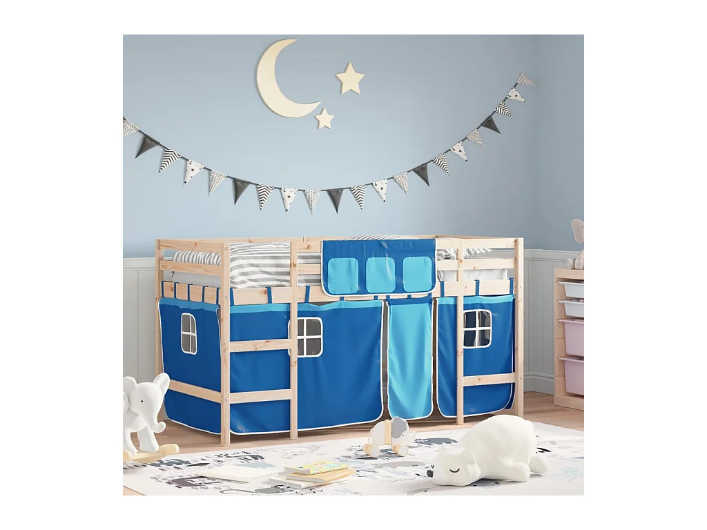 Lit simple-Lit mezzanine enfant avec rideaux sans matelas bleu 80x200cm